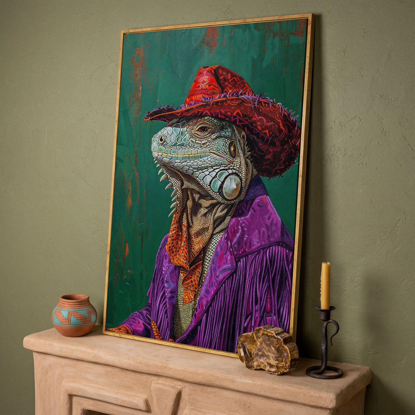 Fancy Iguana Cowboy Canvas Wall Art in white oak floating frame