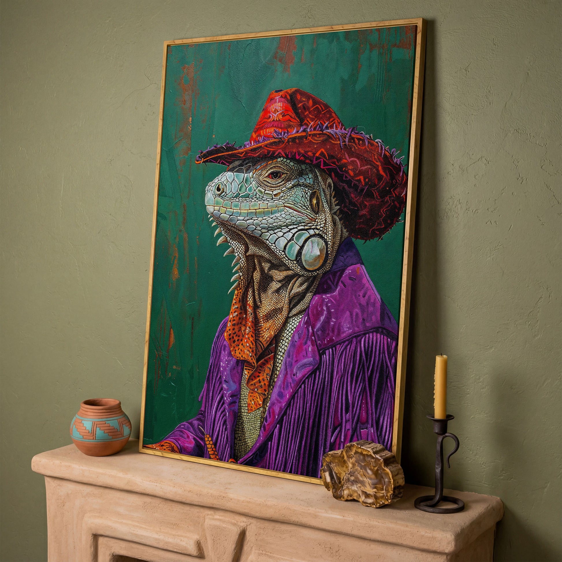Fancy Iguana Cowboy Canvas Wall Art in white oak floating frame