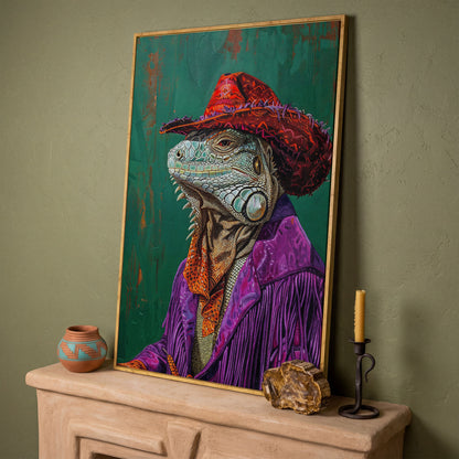Fancy Iguana Cowboy Canvas Wall Art in white oak floating frame