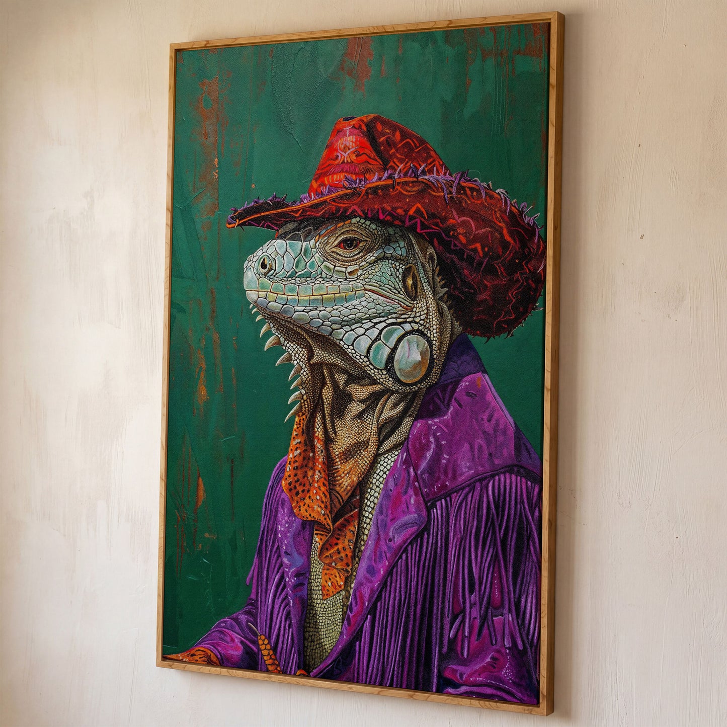 Fancy Iguana Cowboy Canvas Wall Art shown in white oak floating frame