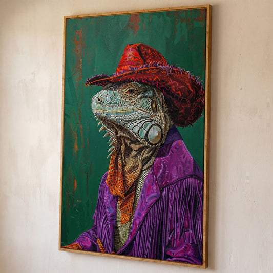 Fancy Iguana Cowboy Canvas Wall Art shown in white oak floating frame