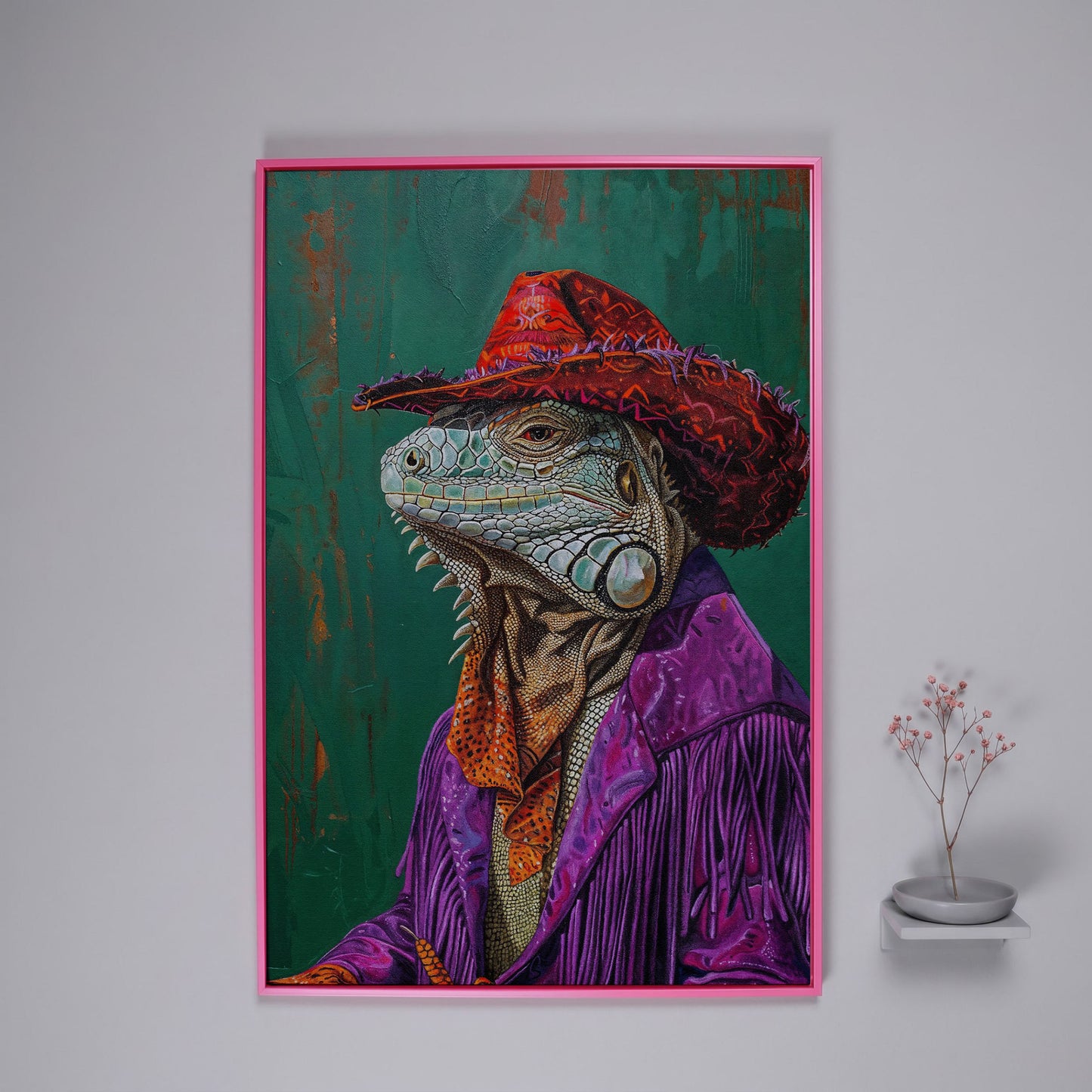 Fancy Iguana Cowboy Canvas Wall Art in pink floating frame