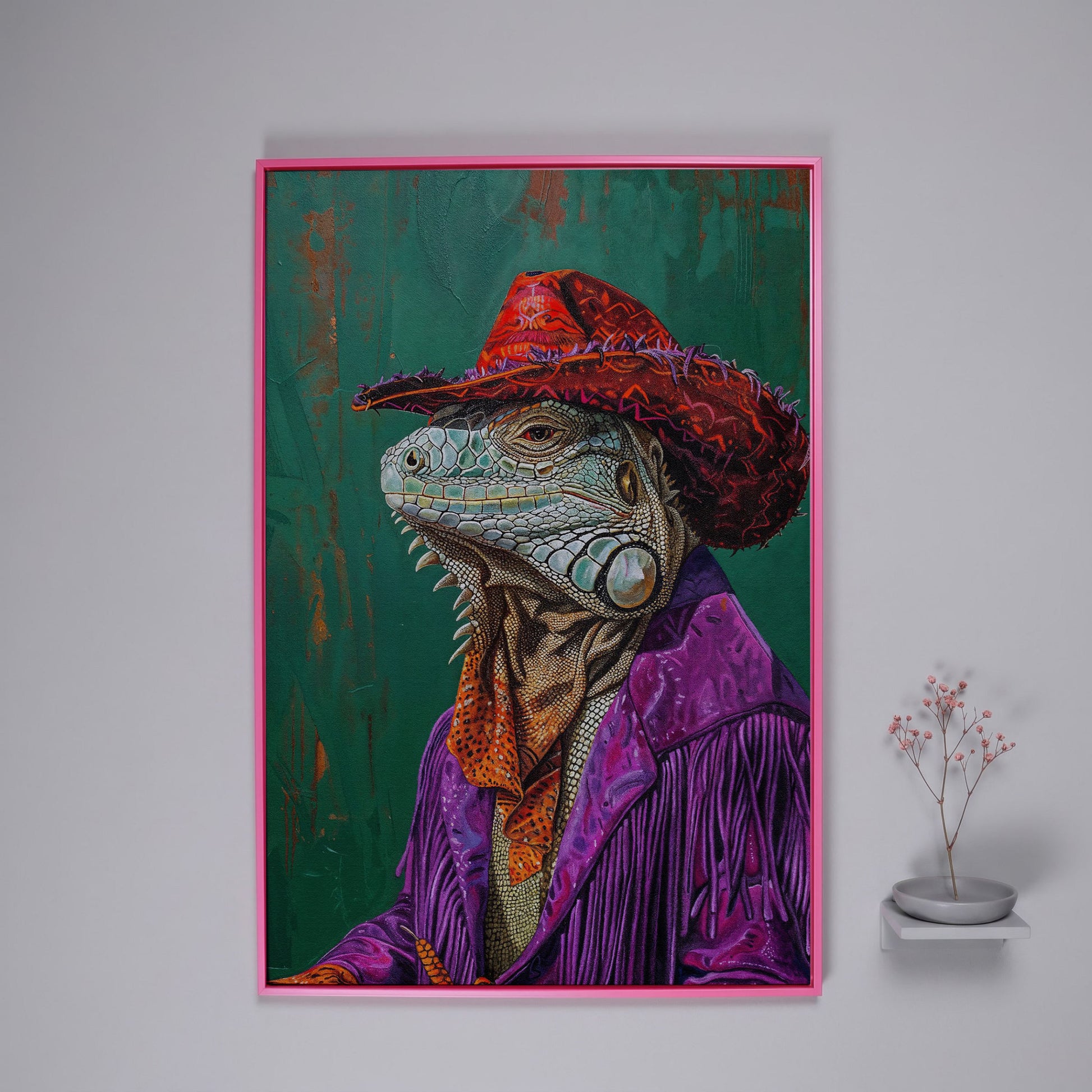 Fancy Iguana Cowboy Canvas Wall Art in pink floating frame
