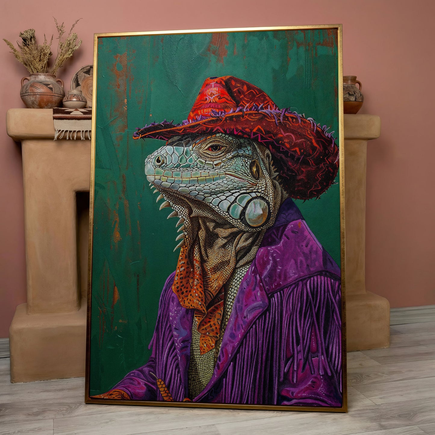 Fancy Iguana Cowboy Canvas Wall Art in rose gold floating frame