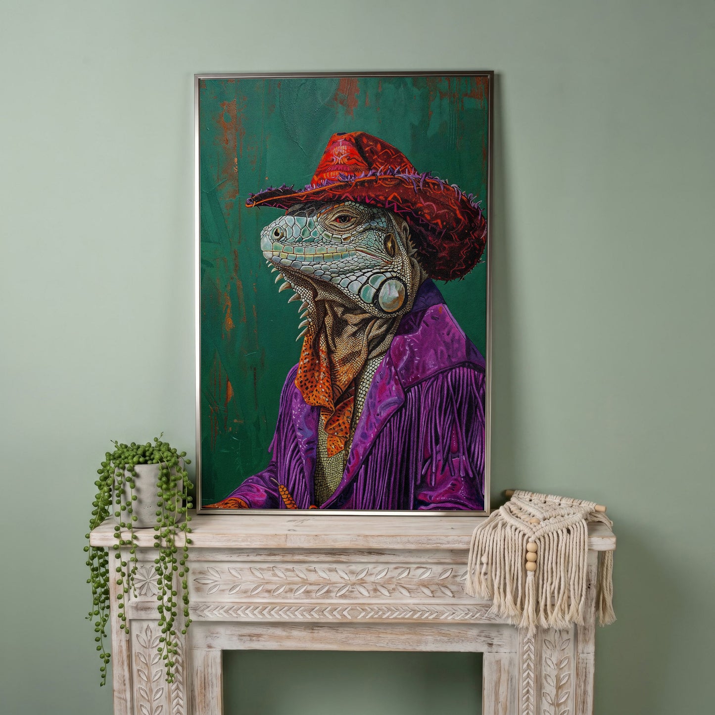 Fancy Iguana Cowboy Canvas Wall Art in silver floating frame