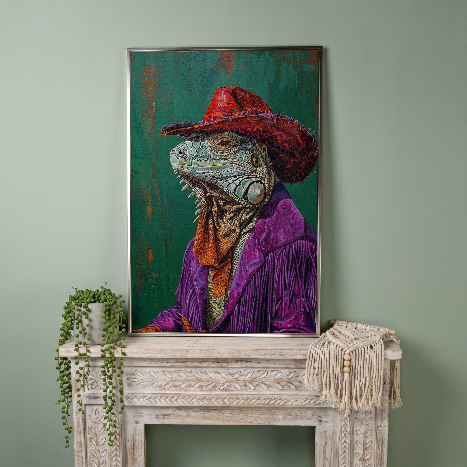 Fancy Iguana Cowboy Canvas Wall Art in silver floating frame