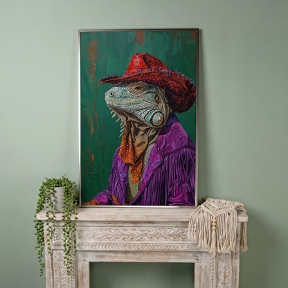 Fancy Iguana Cowboy Canvas Wall Art in silver floating frame