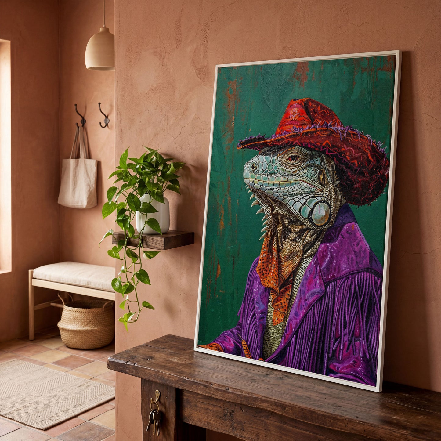 Fancy Iguana Cowboy Canvas Wall Art in white floating frame