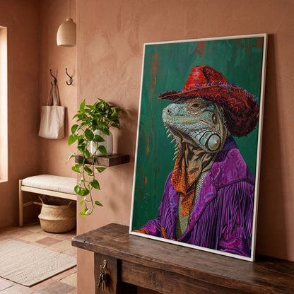 Fancy Iguana Cowboy Canvas Wall Art in white floating frame