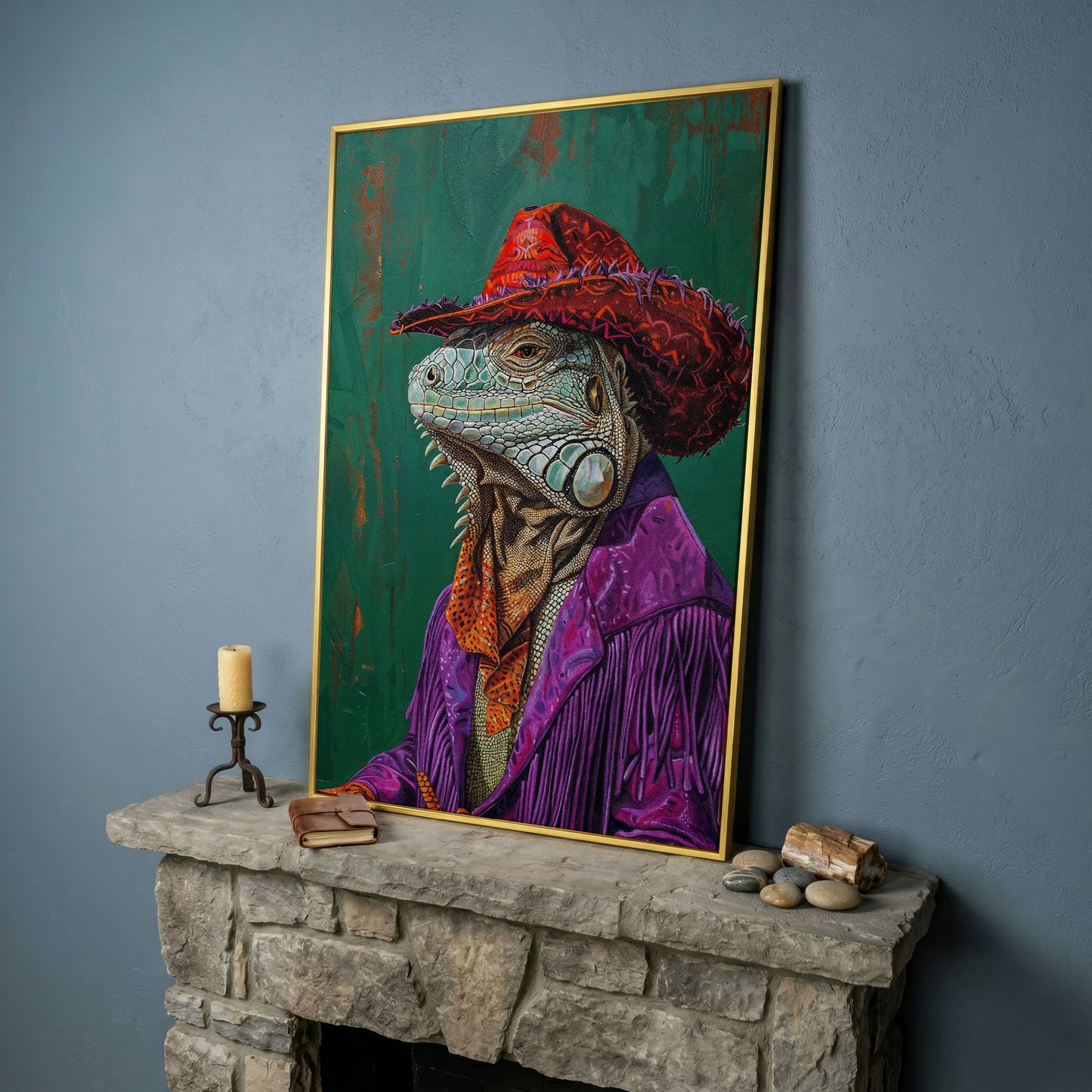 Fancy Iguana Cowboy Canvas Wall Art in yellow gold floating frame