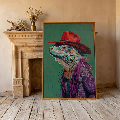 Lizard Cowboy Portrait Canvas in antique gold floating frame