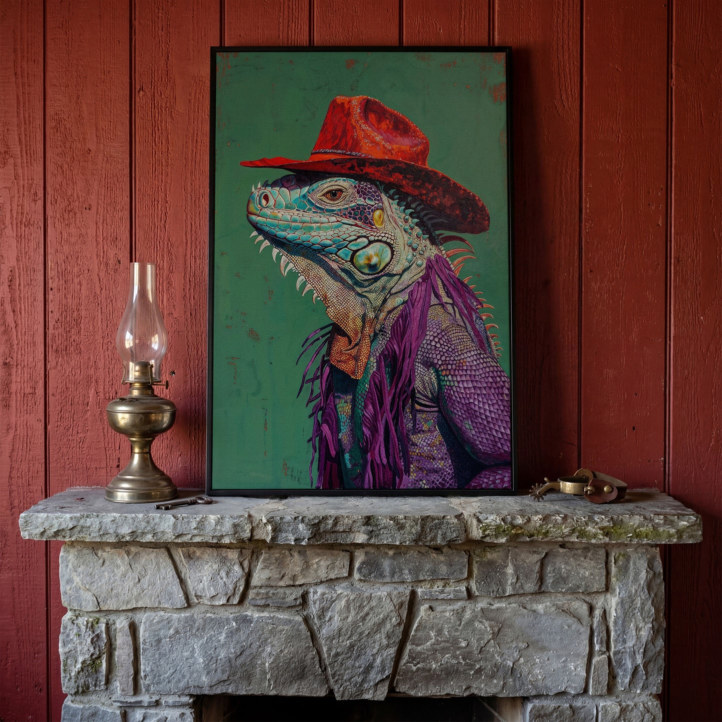 Lizard Cowboy Portrait Canvas in black floating frame