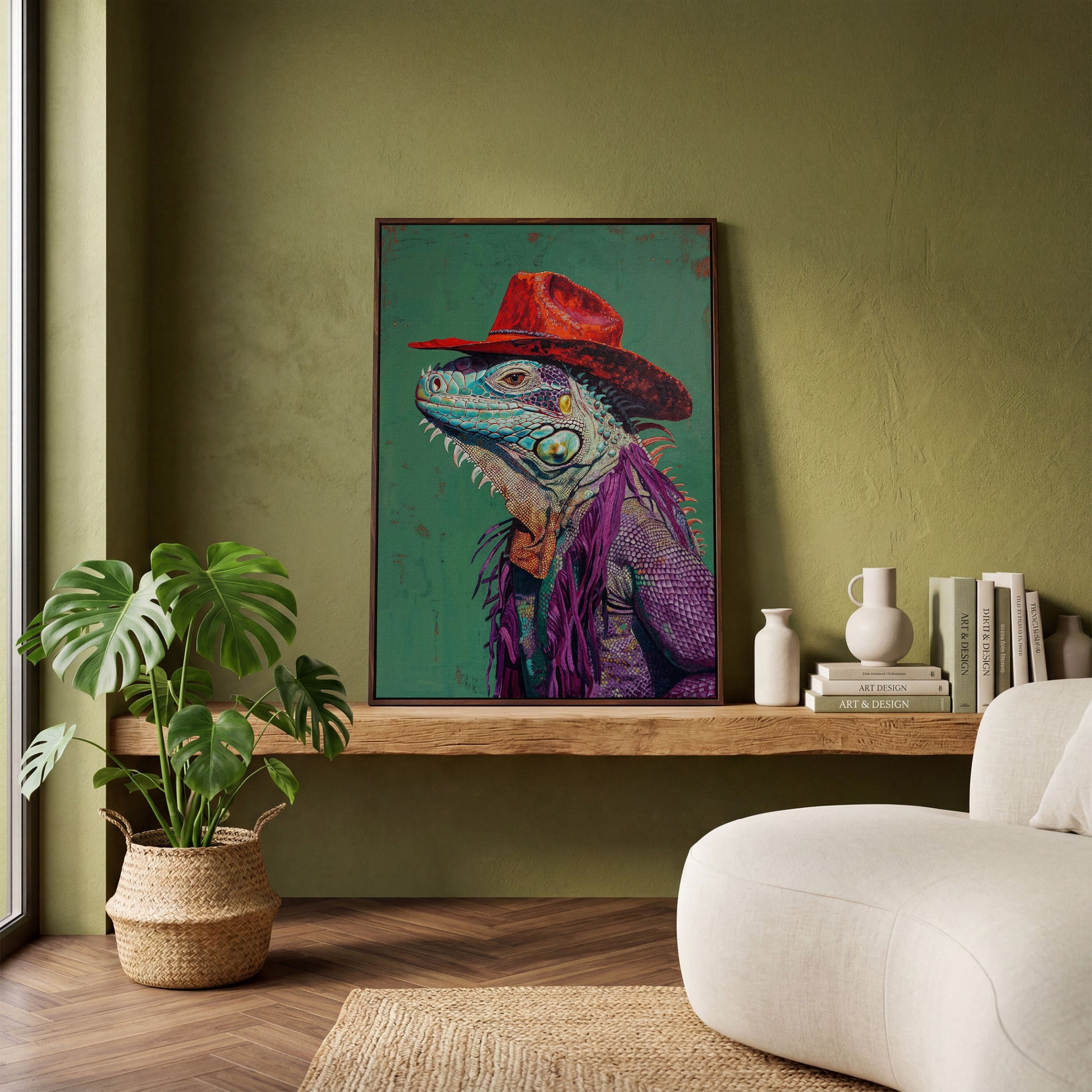 Lizard Cowboy Portrait Canvas in dark walnut floating frame