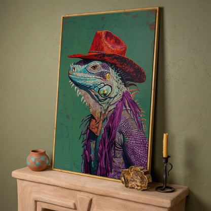 Lizard Cowboy Portrait Canvas in white oak floating frame