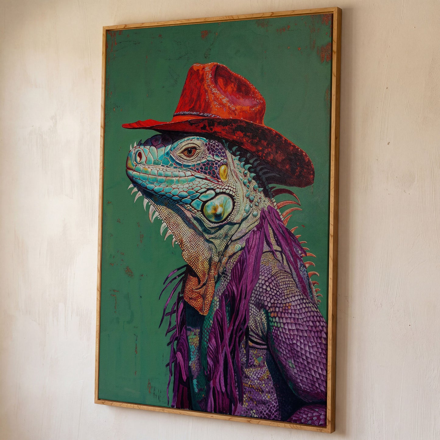 Lizard Cowboy Portrait Canvas shown in white oak floating frame