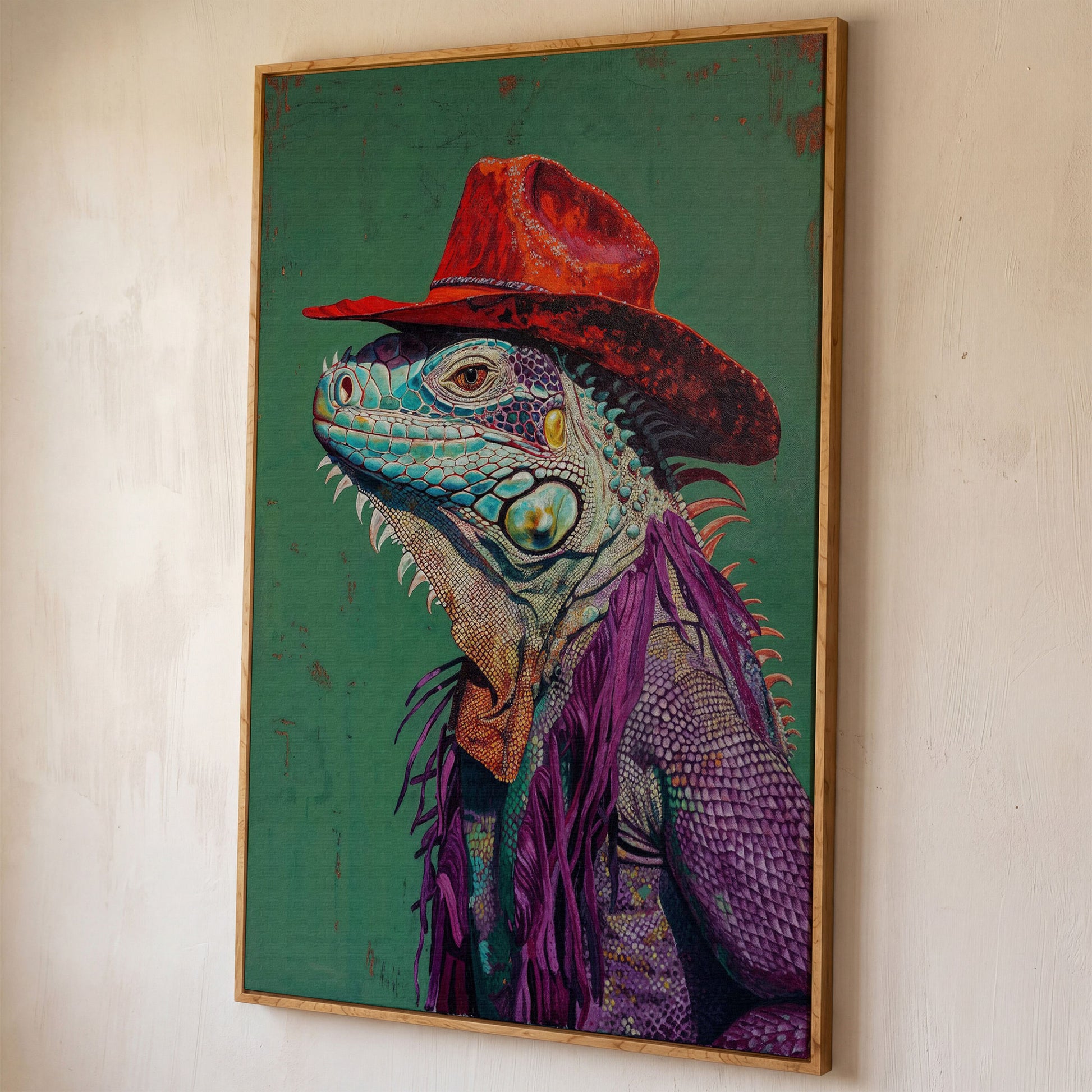 Lizard Cowboy Portrait Canvas shown in white oak floating frame
