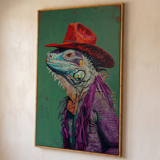 Lizard Cowboy Portrait Canvas shown in white oak floating frame