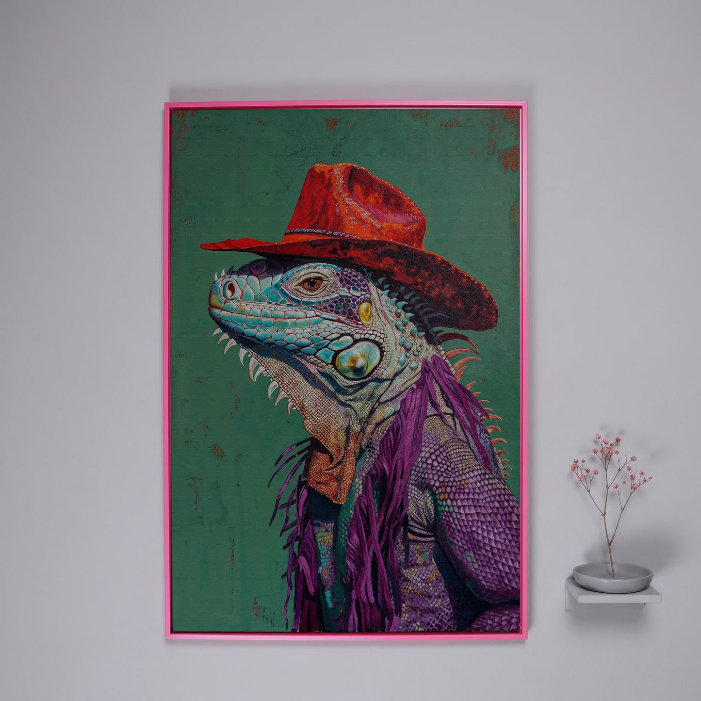 Lizard Cowboy Portrait Canvas in pink floating frame