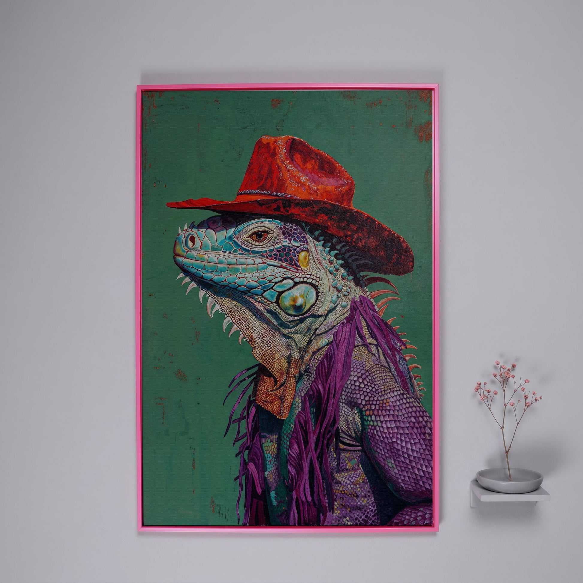 Lizard Cowboy Portrait Canvas in pink floating frame