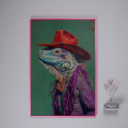 Lizard Cowboy Portrait Canvas in pink floating frame