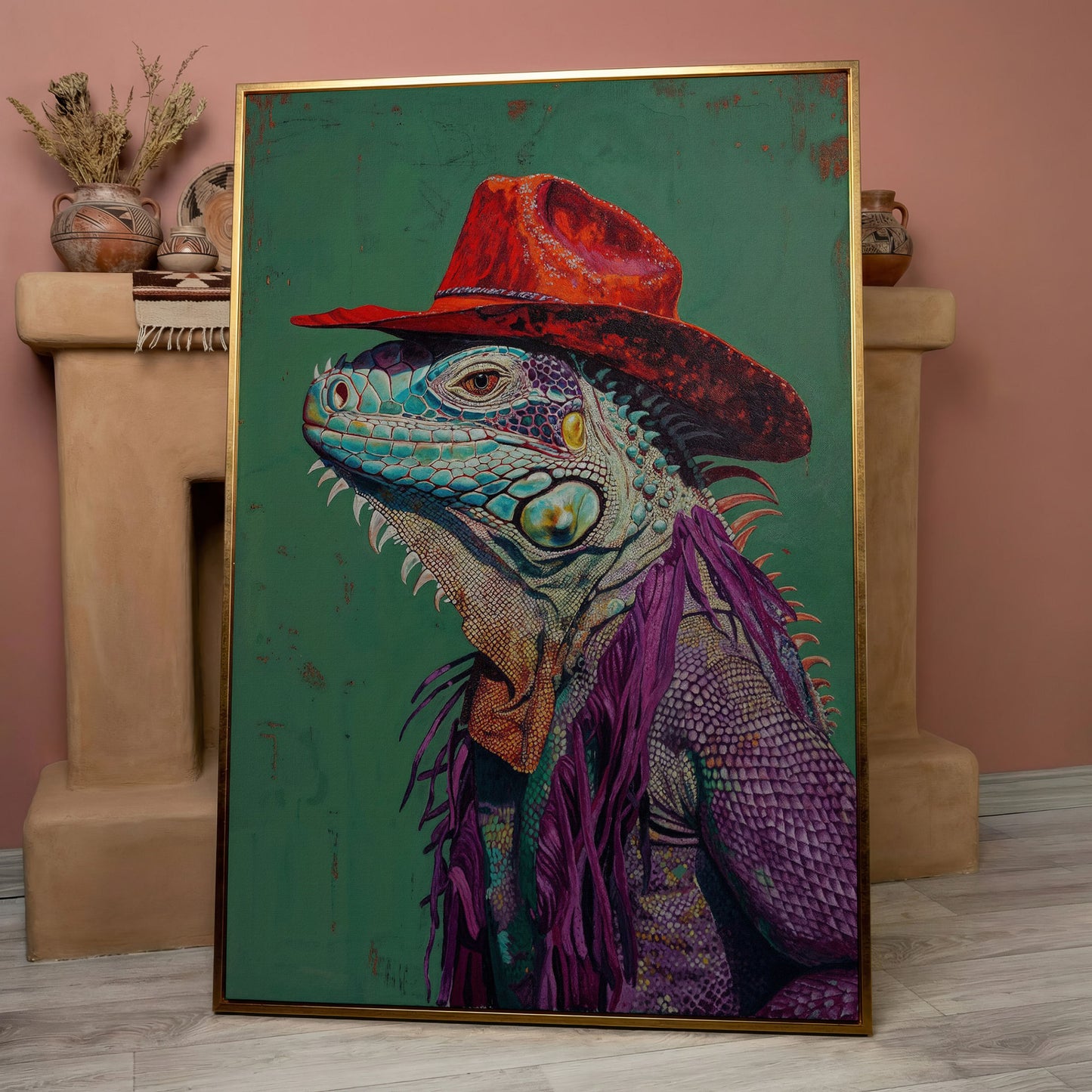 Lizard Cowboy Portrait Canvas in rose gold floating frame