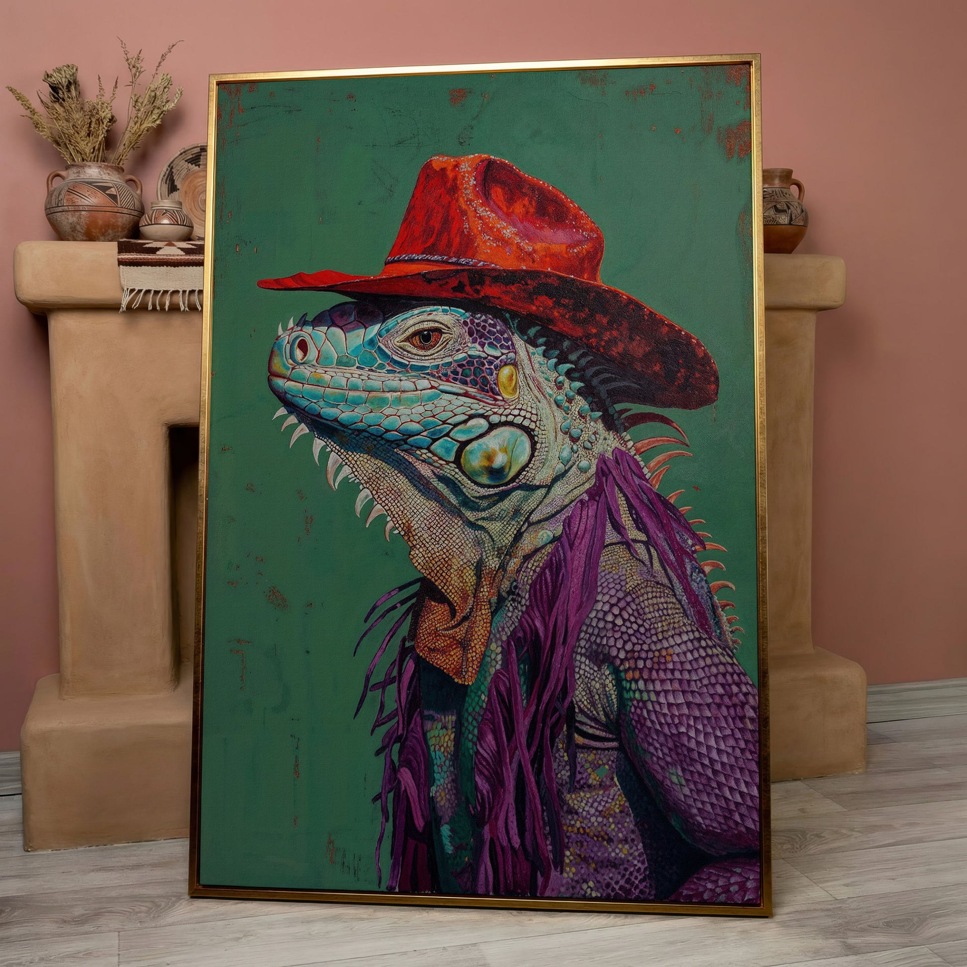 Lizard Cowboy Portrait Canvas in rose gold floating frame