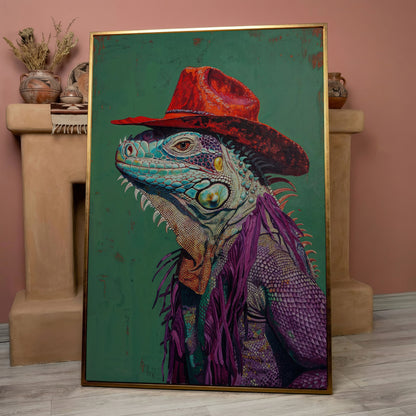 Lizard Cowboy Portrait Canvas in rose gold floating frame
