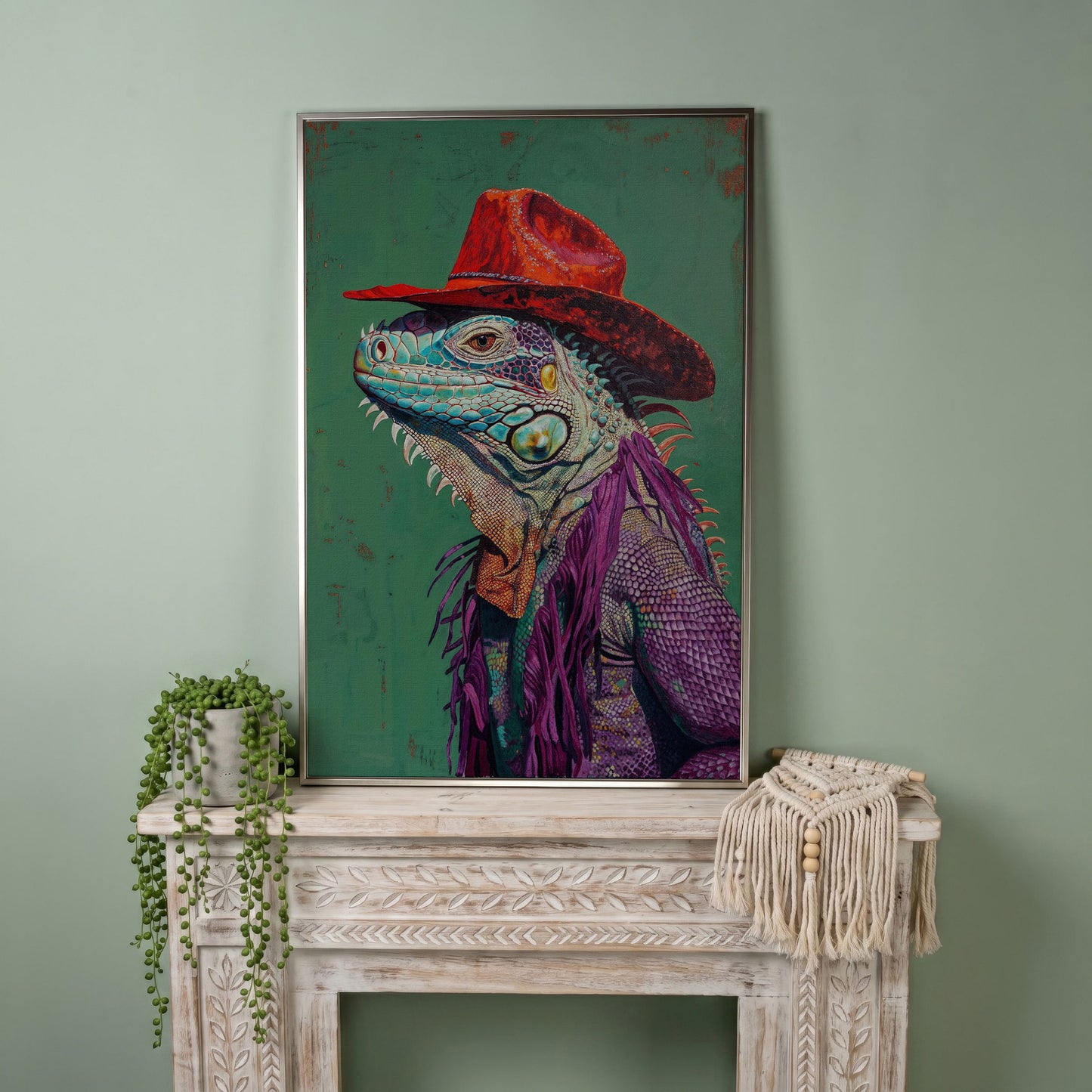 Lizard Cowboy Portrait Canvas in silver floating frame