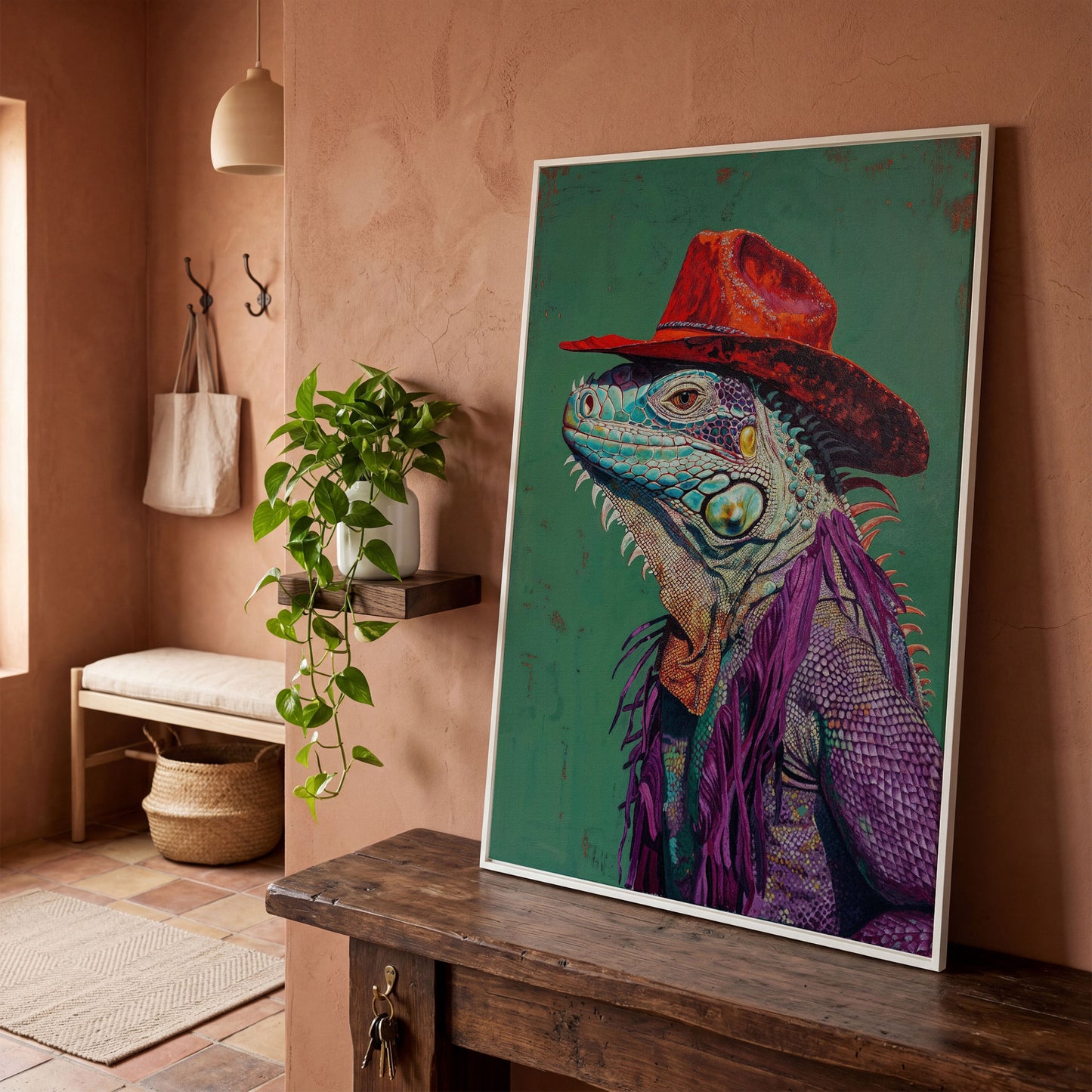 Lizard Cowboy Portrait Canvas in white floating frame
