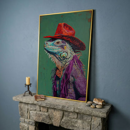 Lizard Cowboy Portrait Canvas in yellow gold floating frame