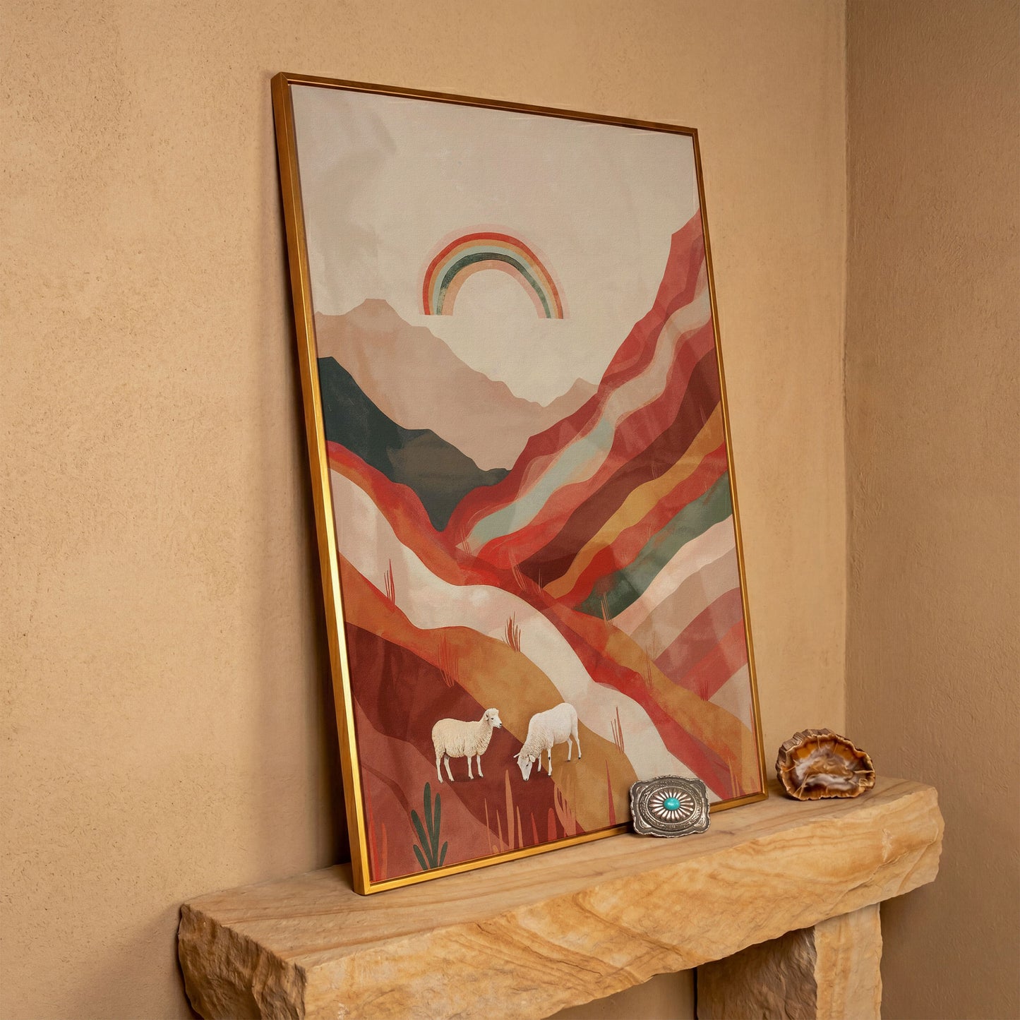 Surreal Sheep with Rainbow Canvas in antique gold floating frame