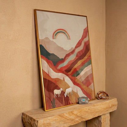 Surreal Sheep with Rainbow Canvas in antique gold floating frame