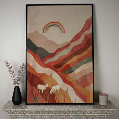 Surreal Sheep with Rainbow Canvas in black floating frame