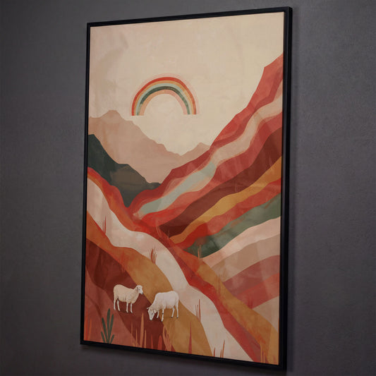 Surreal Sheep with Rainbow Canvas shown in black floating frame