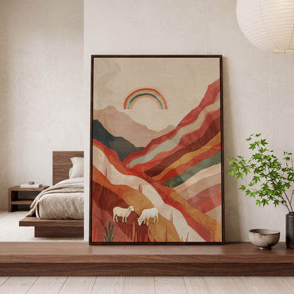 Surreal Sheep with Rainbow Canvas in dark walnut floating frame