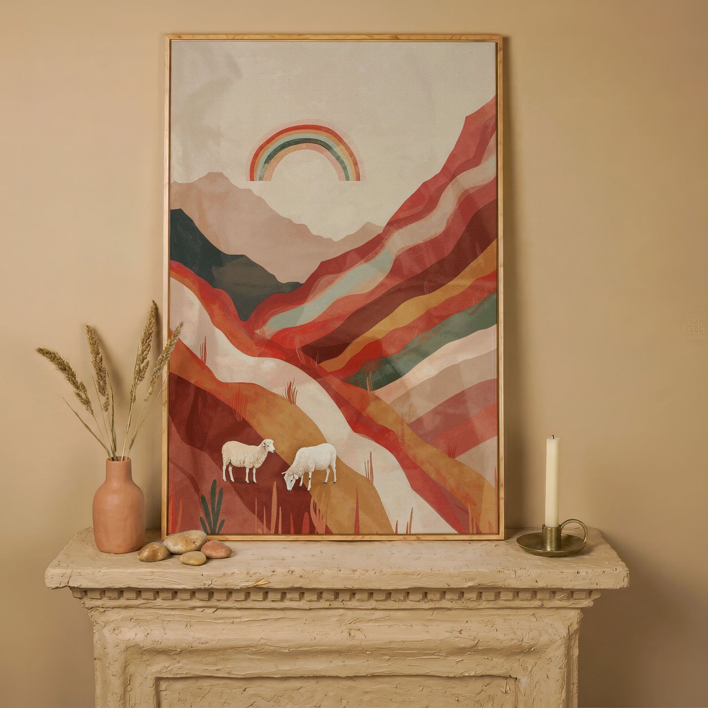 Surreal Sheep with Rainbow Canvas in white oak floating frame