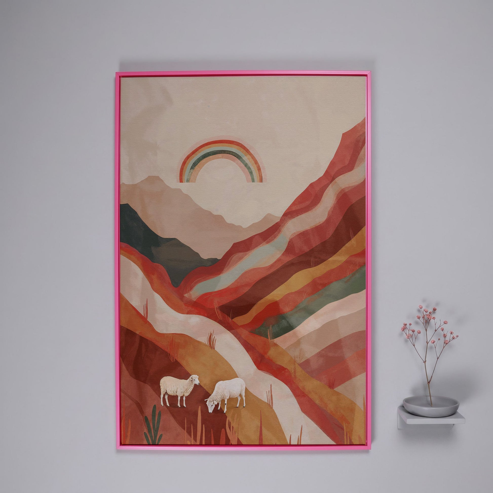Surreal Sheep with Rainbow Canvas in pink floating frame