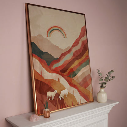 Surreal Sheep with Rainbow Canvas in rose gold floating frame