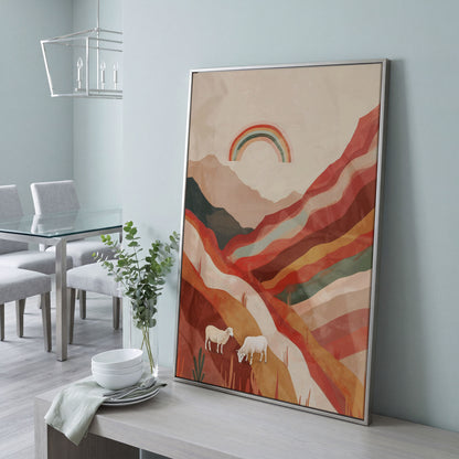 Surreal Sheep with Rainbow Canvas in silver floating frame