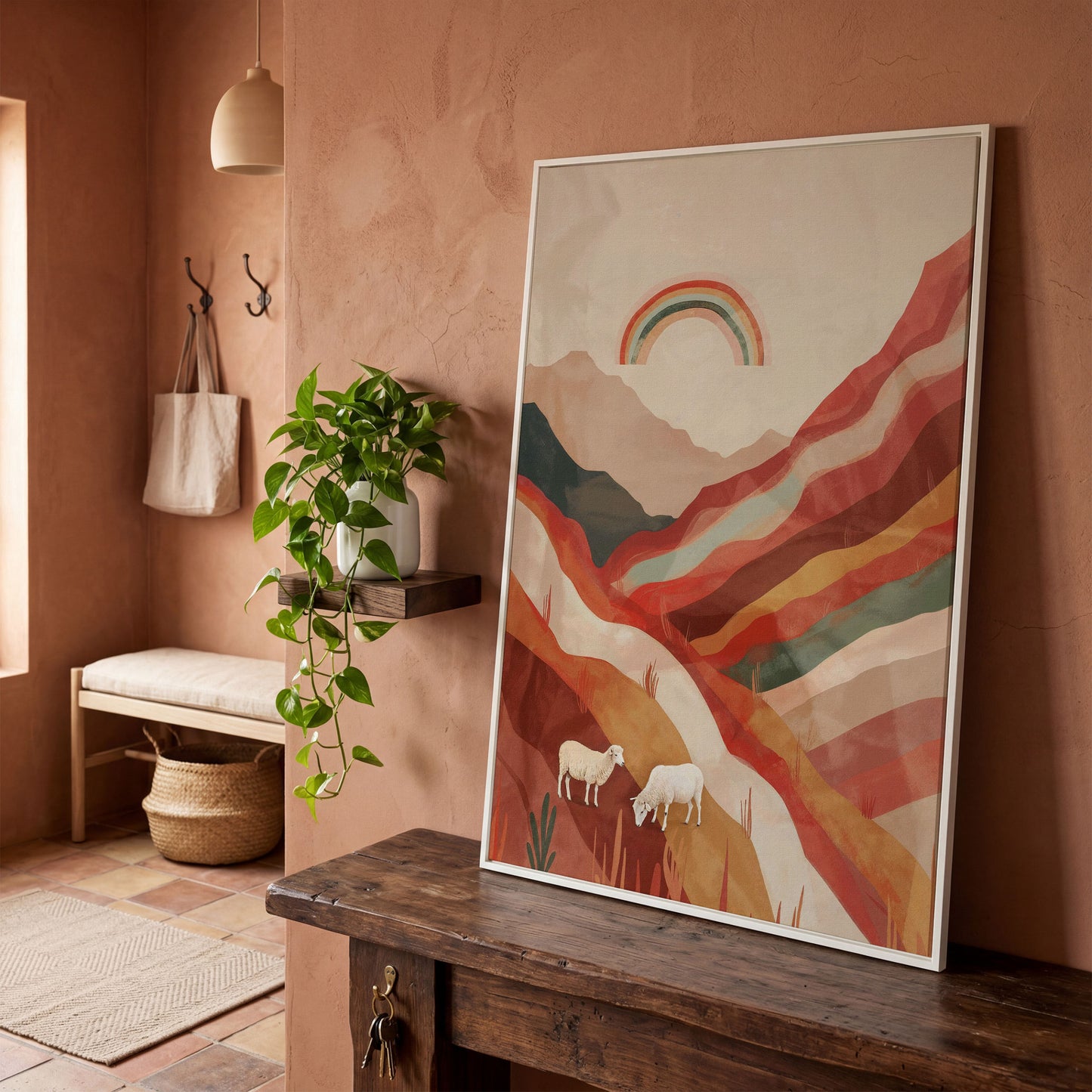 Surreal Sheep with Rainbow Canvas in white floating frame