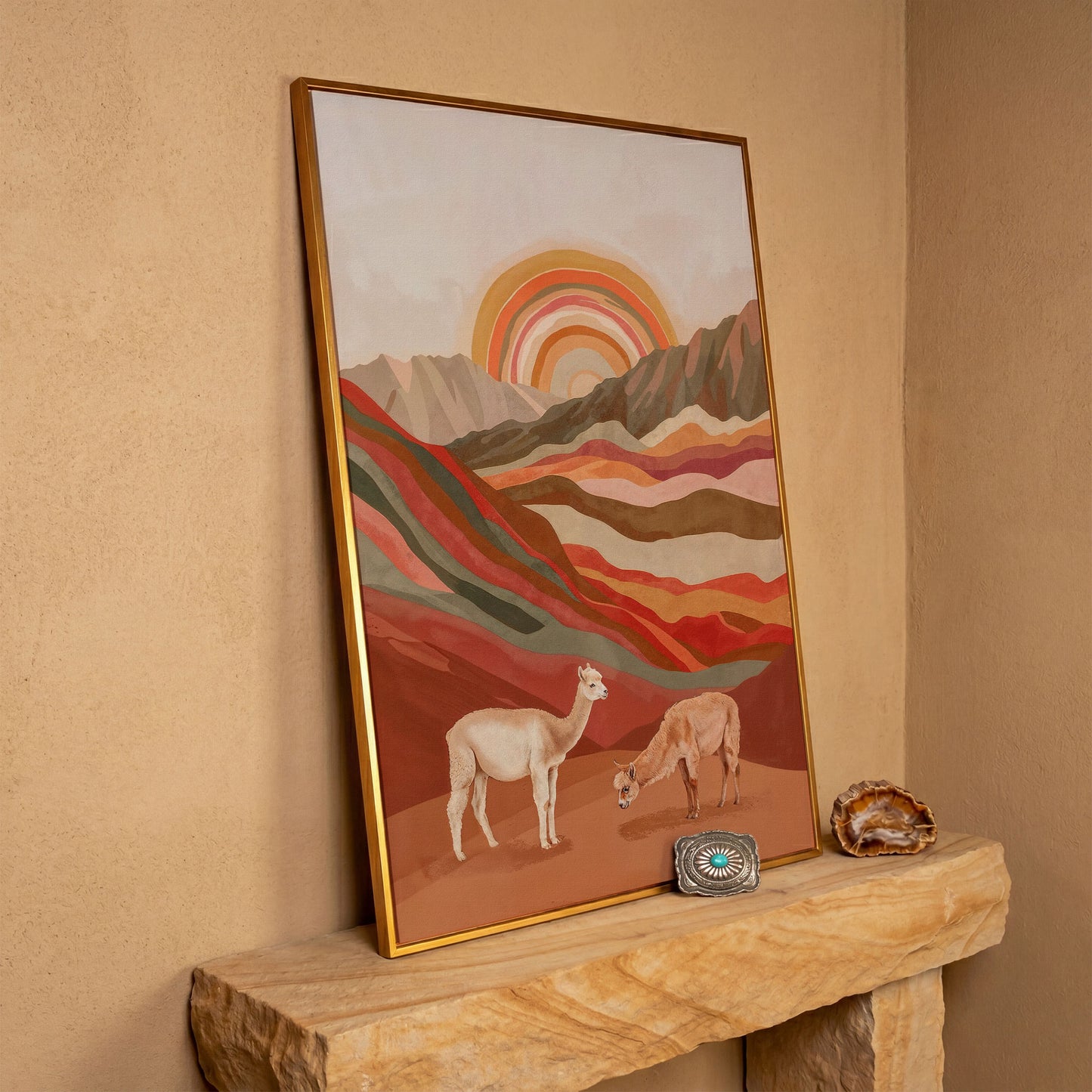 Majestic Alpacas in Boho Landscape Canvas in antique gold floating frame