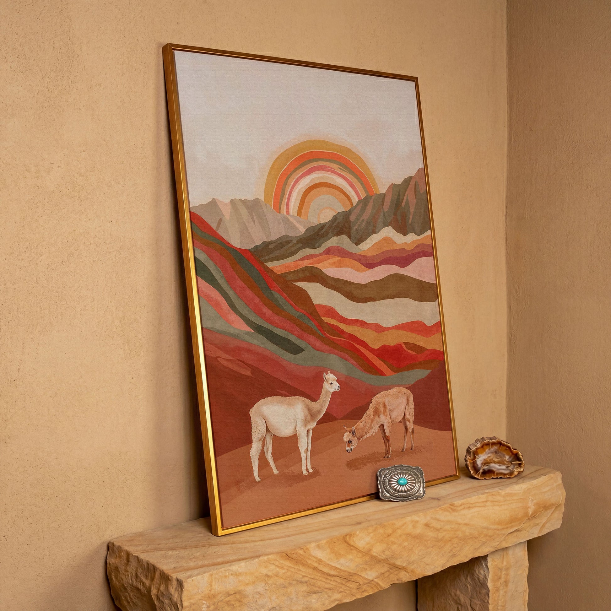 Majestic Alpacas in Boho Landscape Canvas in antique gold floating frame