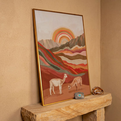Majestic Alpacas in Boho Landscape Canvas in antique gold floating frame