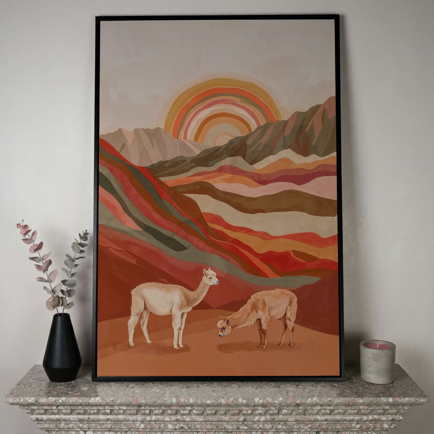 Majestic Alpacas in Boho Landscape Canvas in black floating frame