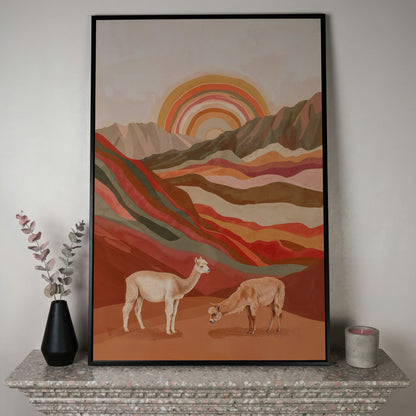 Majestic Alpacas in Boho Landscape Canvas in black floating frame