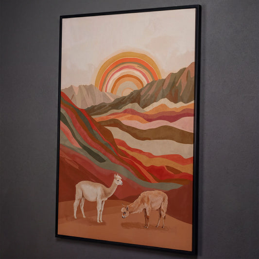 Majestic Alpacas in Boho Landscape Canvas shown in black floating frame