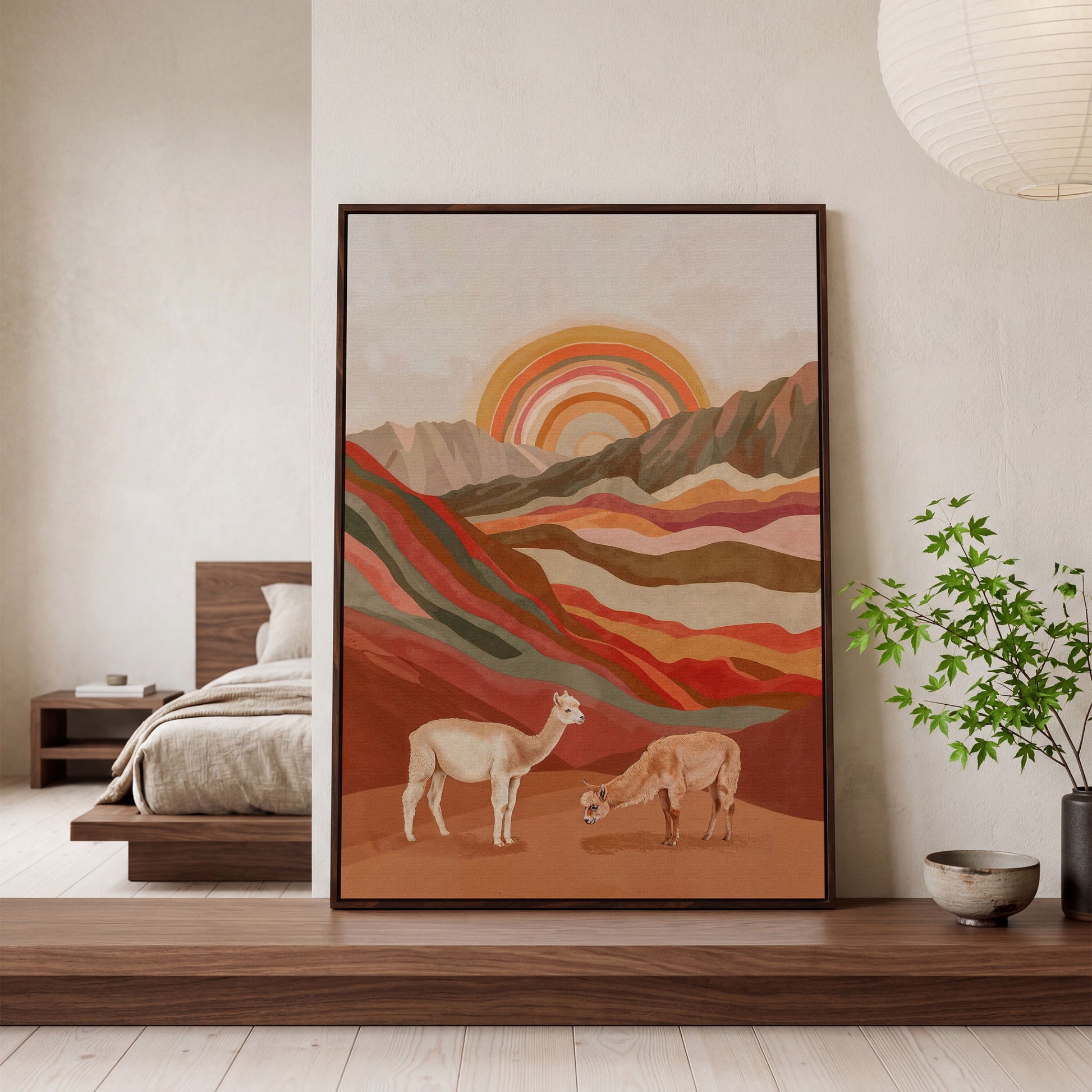 Majestic Alpacas in Boho Landscape Canvas in dark walnut floating frame