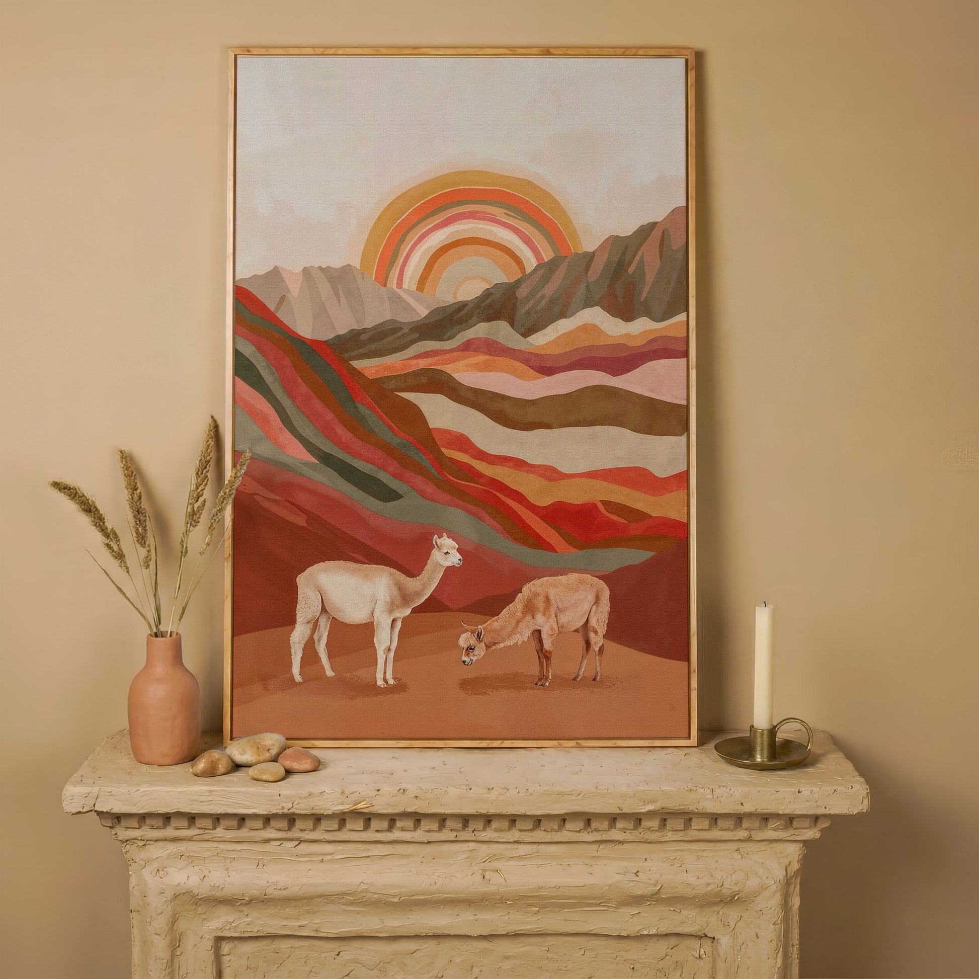Majestic Alpacas in Boho Landscape Canvas in white oak floating frame