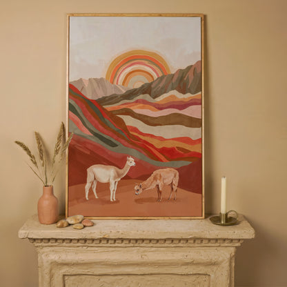Majestic Alpacas in Boho Landscape Canvas in white oak floating frame
