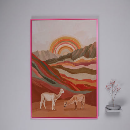 Majestic Alpacas in Boho Landscape Canvas in pink floating frame